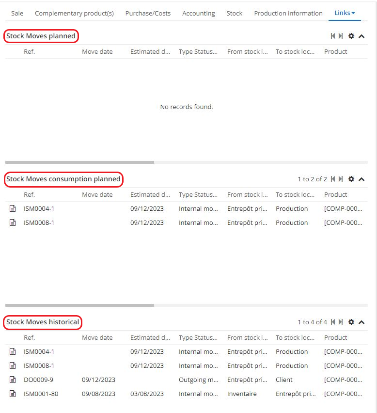 1.1. The Links tab on the product file allows you to view all stock movements linked to the product.